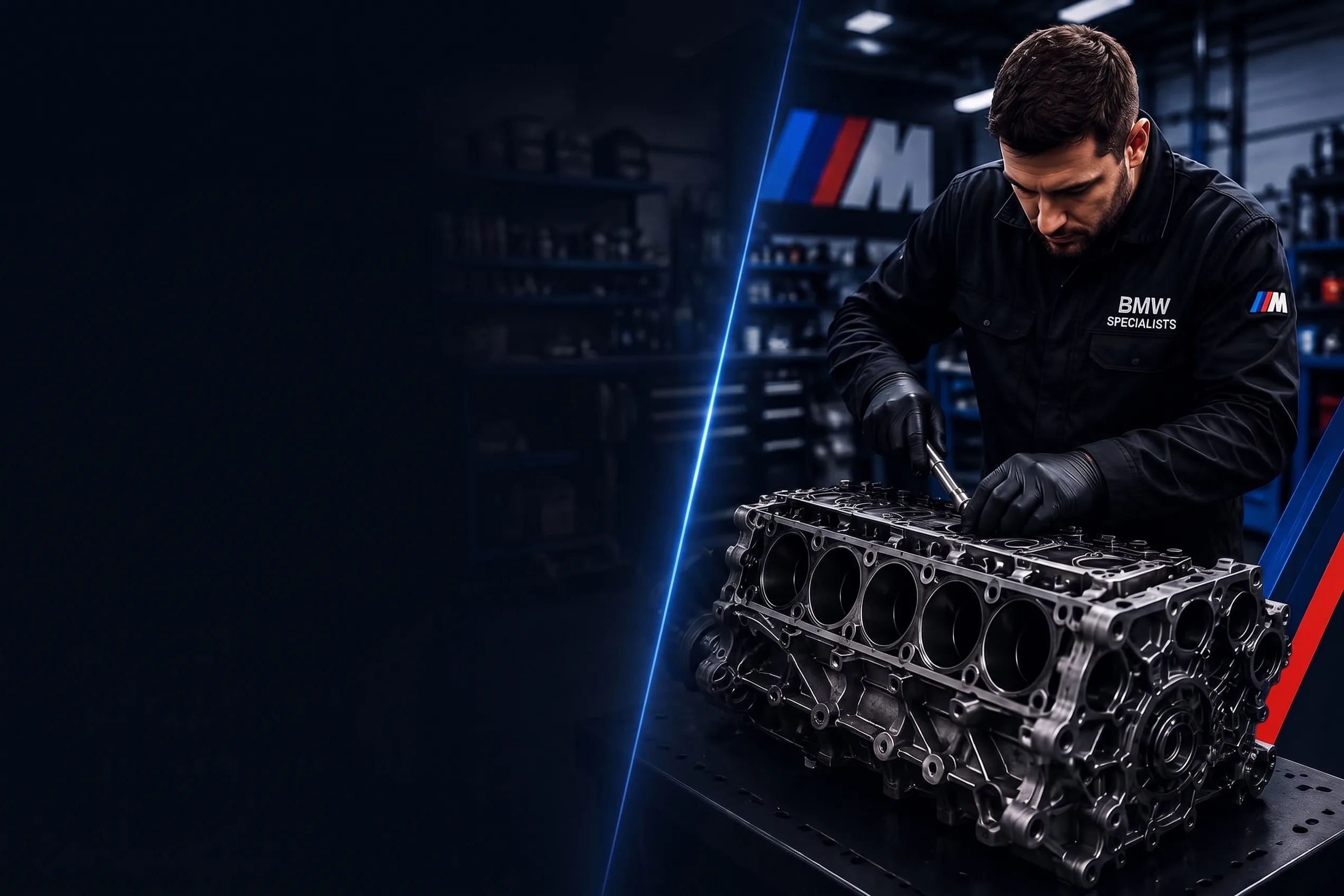 BMW technician rebuilding a B58 engine block