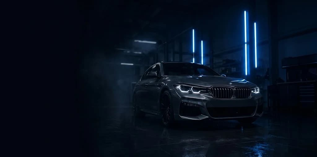 BMW parked in dark workshop