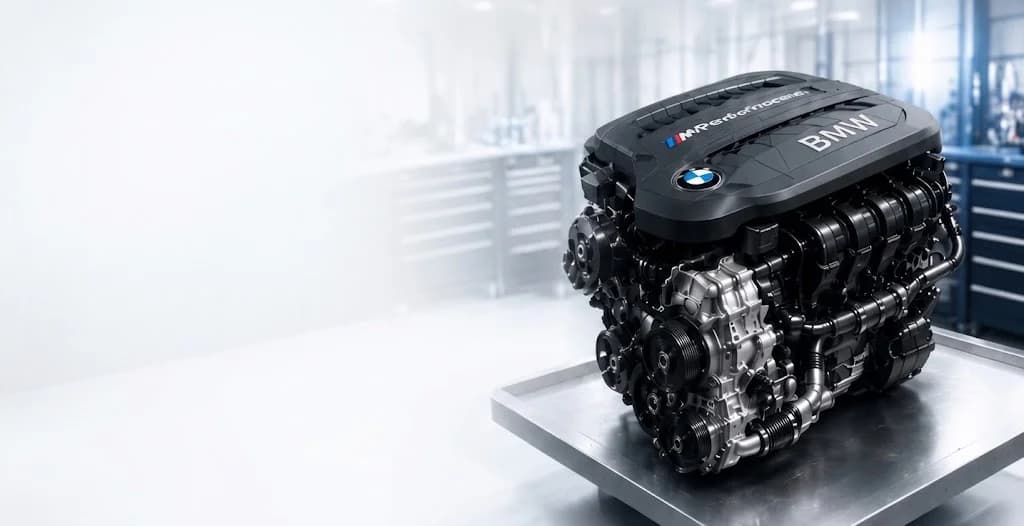 BMW B58 engine on workshop stand