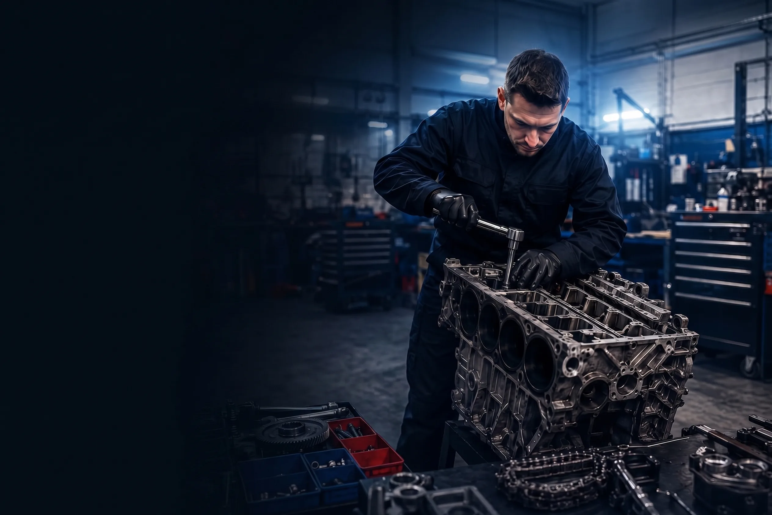 BMW technician rebuilding an engine block