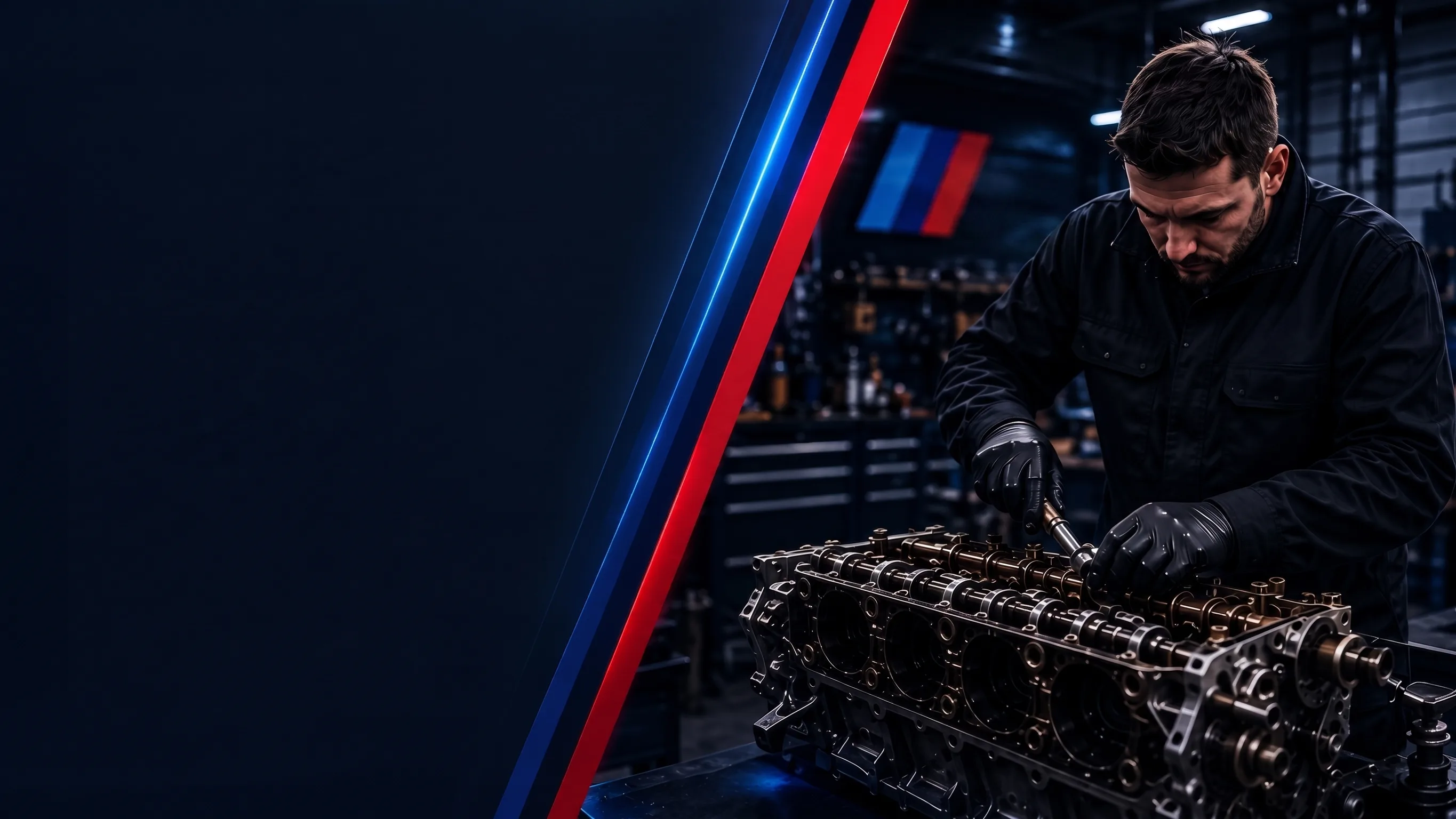 BMW technician rebuilding an engine block