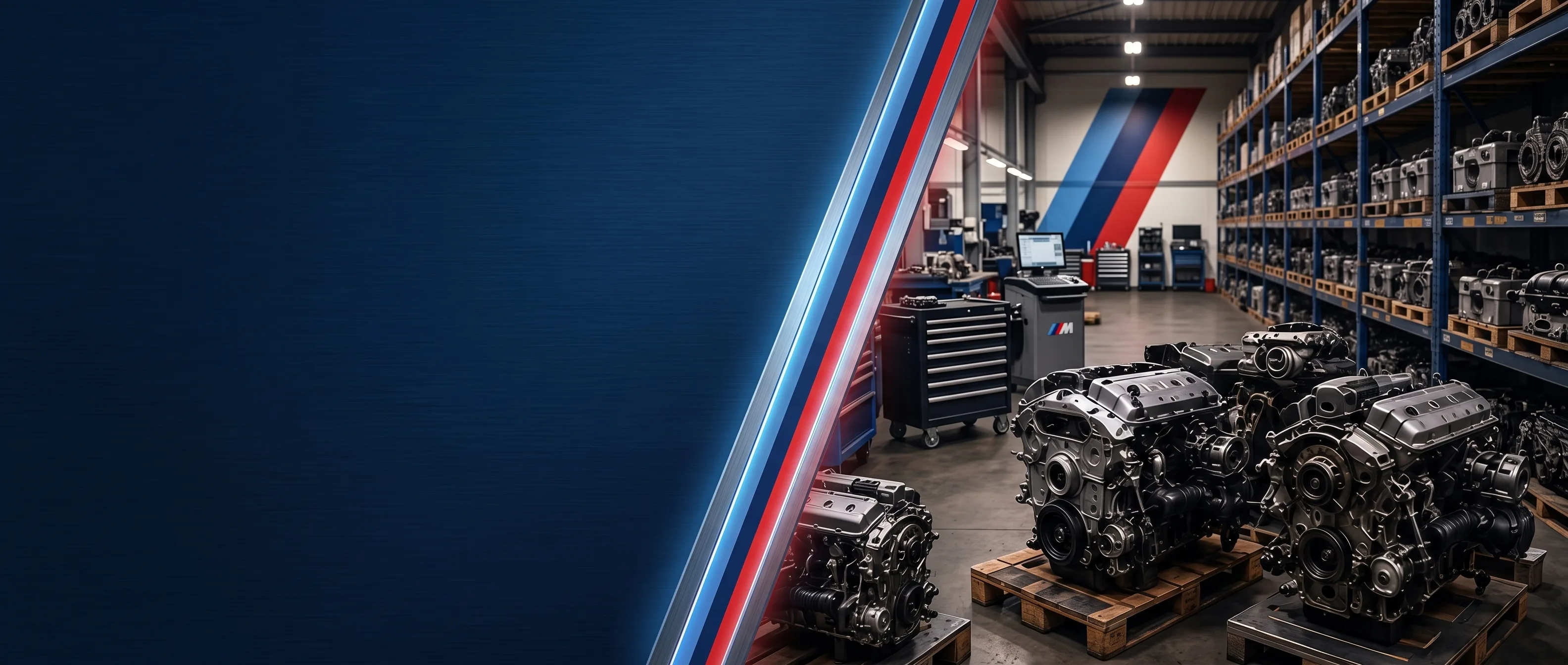 Racked BMW replacement engines in storage