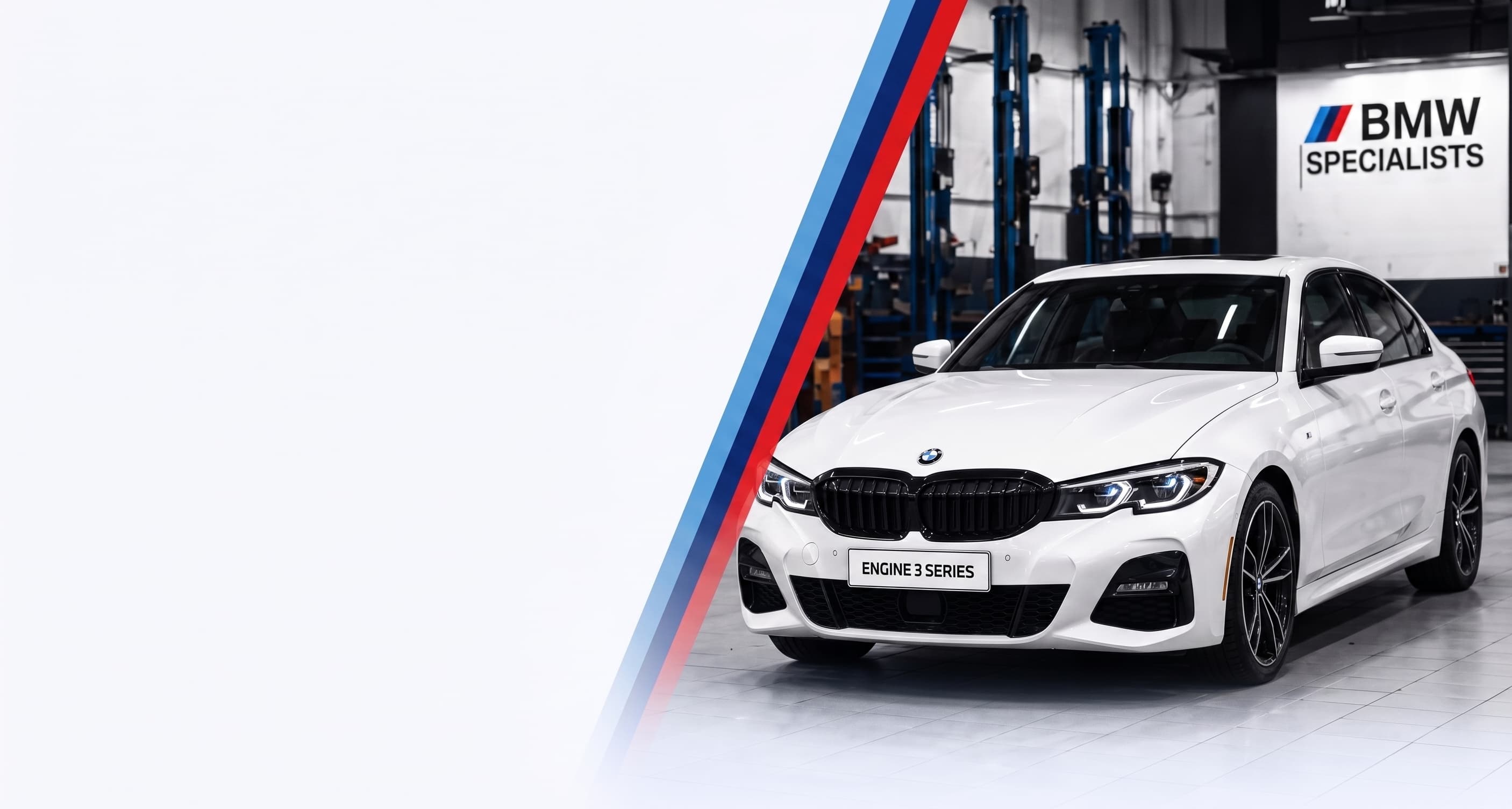 BMW 3 Series in a bright BMW specialist workshop