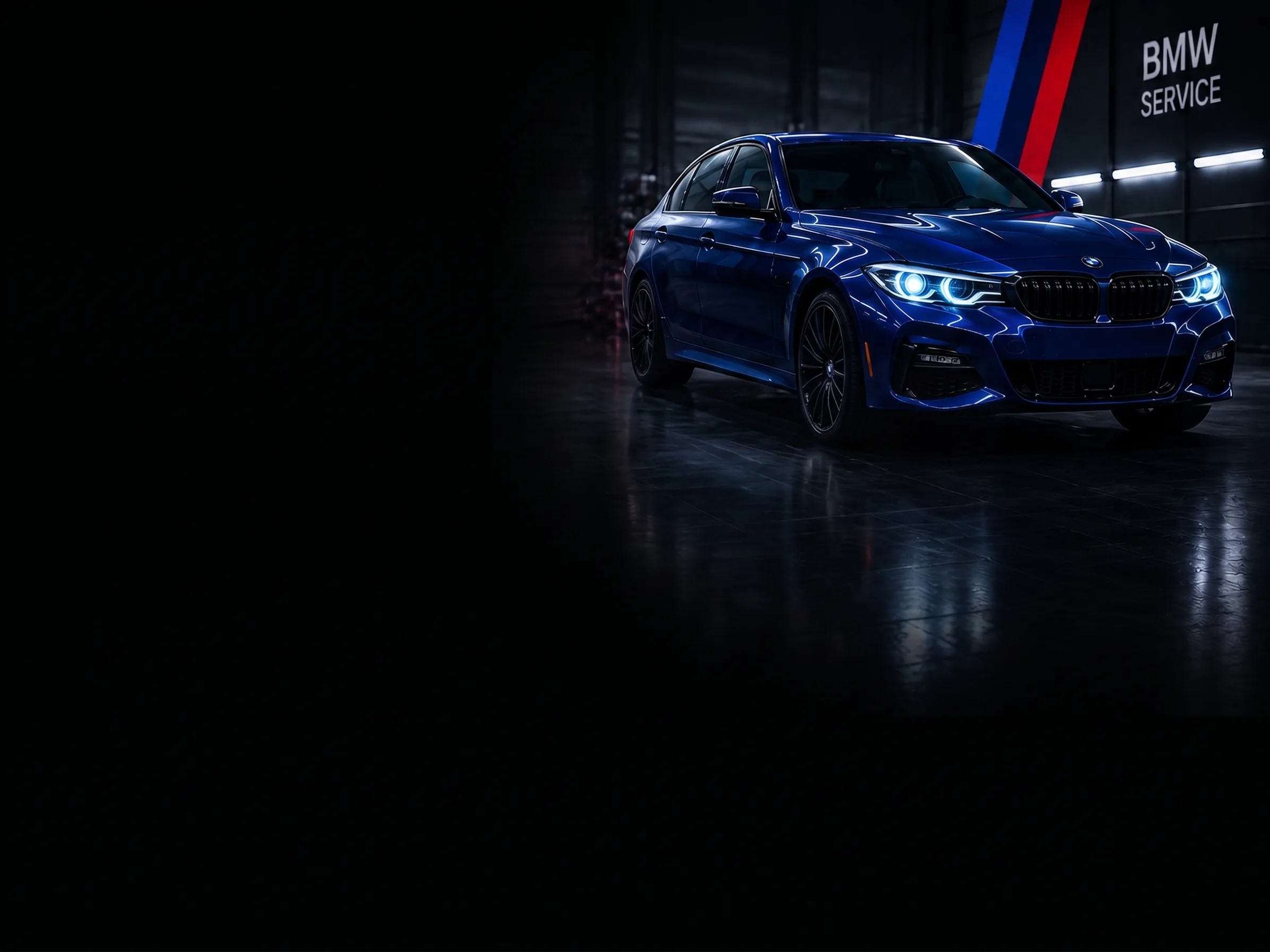 BMW 3 Series in a dark BMW service workshop