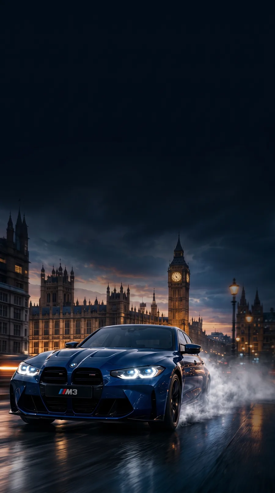 BMW M3 driving past Big Ben at night