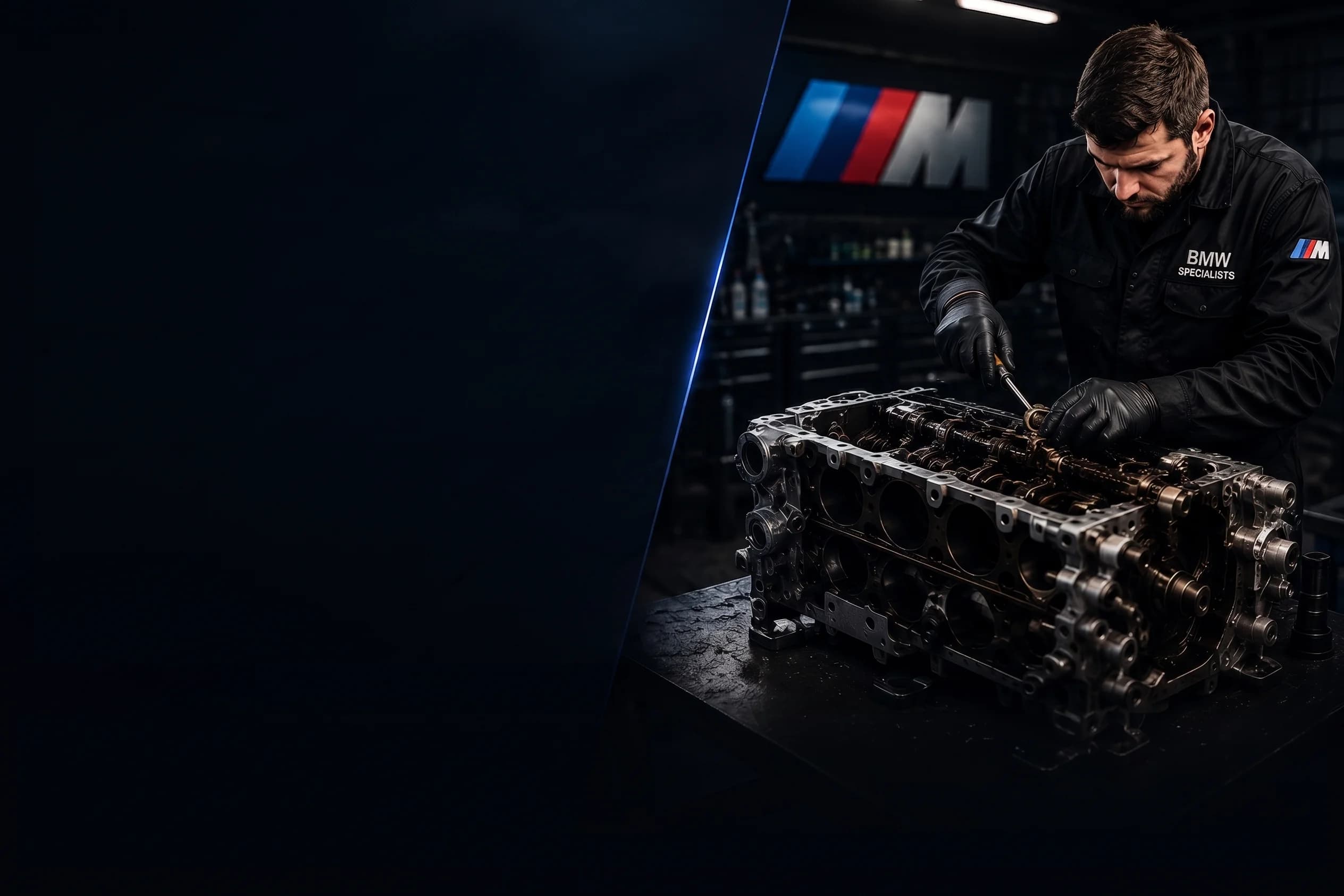 BMW technician rebuilding a 320d engine block