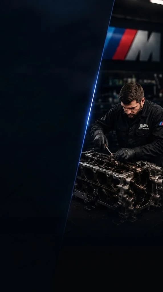 BMW technician rebuilding a 320d engine block